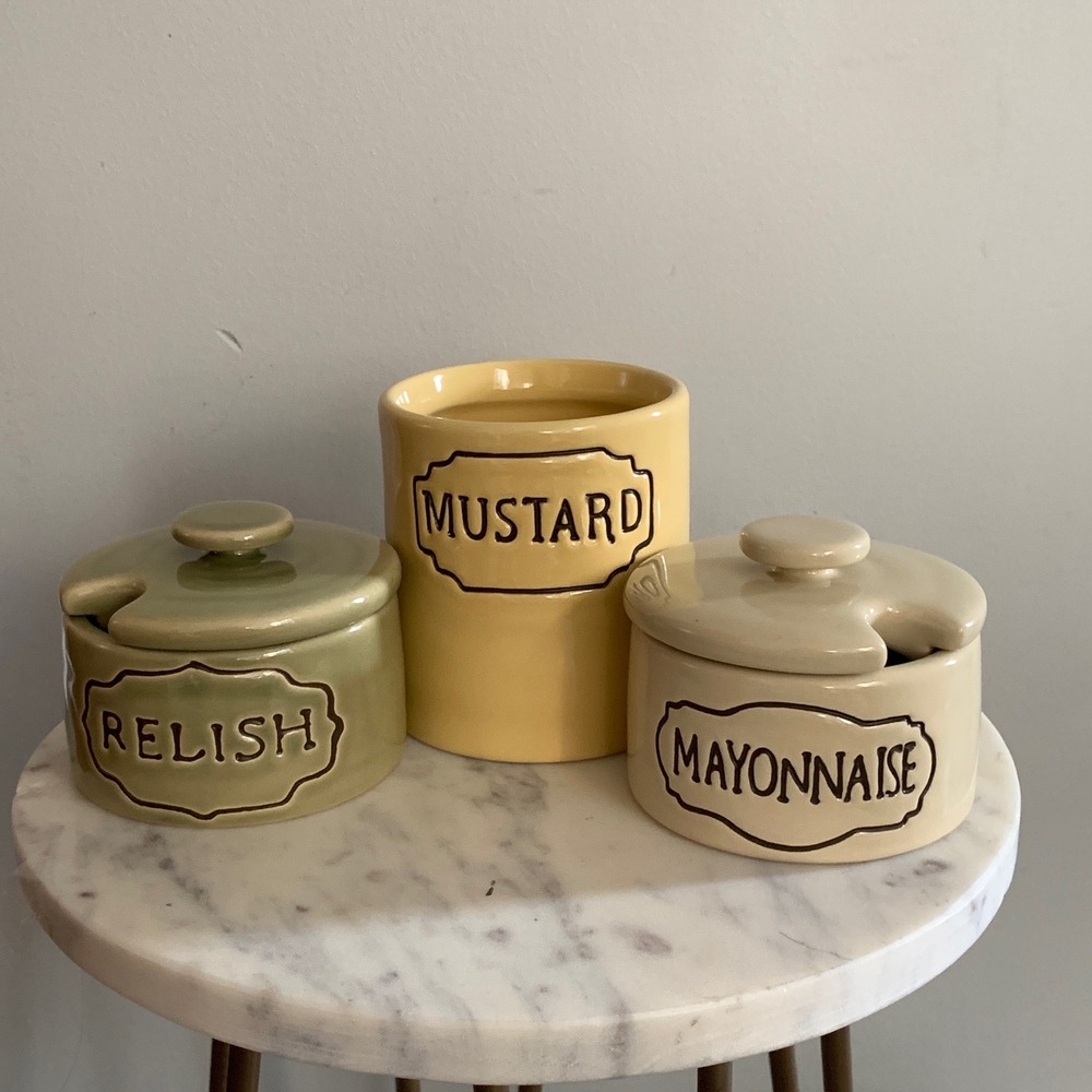 Pottery Barn Ceramic Condiment Set Relish Mustard Mayonnaise Jars 3 Piece Set